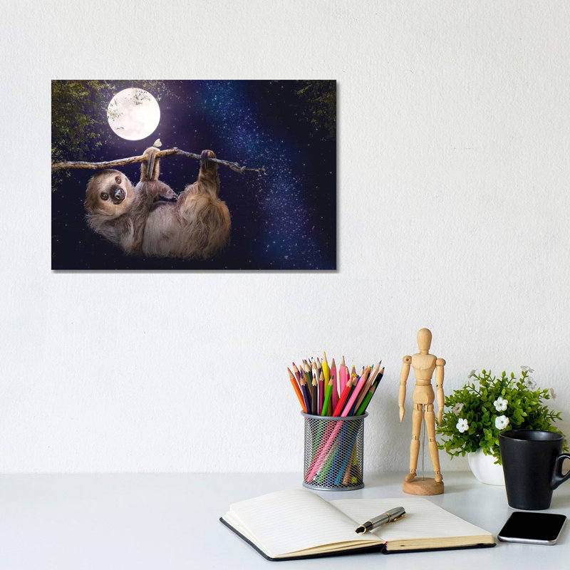 Cute Sloth Hanging On A Branch In Evening by Susan Schmitz - Wrapped Canvas Print, 20.32 cm H x 30.48 cm W