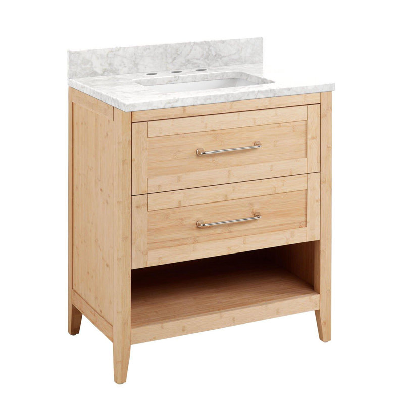 30" Burfield Single Bathroom Vanity Set with Rectangular Undermount Sink, White, Carrara Marble, 8" Widespread