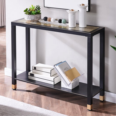 Console en verre de 41 po l à 2 couches, noire et dorée, amplement d'espace pour les livres