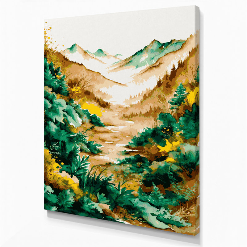 Aquarelle, paysage, 80, toile beige, H 14 po x l 11 po