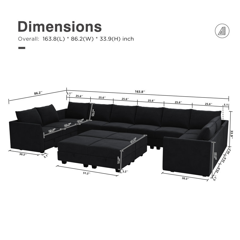 Canapé modulaire rembourré en velours avec repose-pieds Tremee, Velours noir
