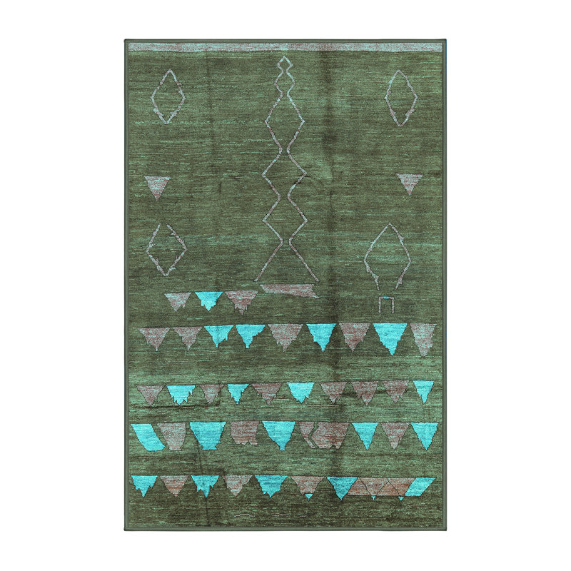 Tapis turquoise / bleu en laine tissé à la machine Derrice, Rectangle 5 pi x 7 pi
