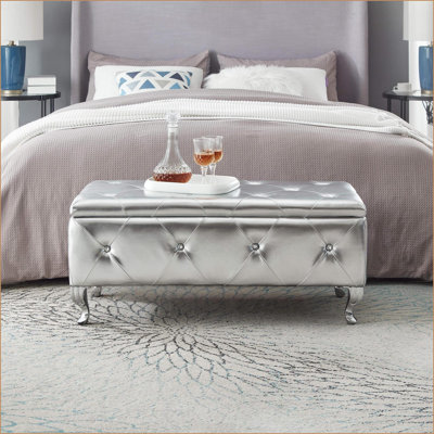 Banc de rangement repose-pieds en similicuir avec boutons en cristal pour le salon de la chambre à coucher | Or | Pieds en métal