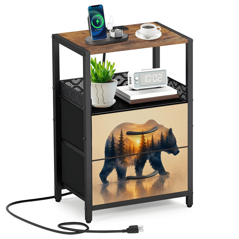 Table de chevet 2 tiroirs en tissu avec station de charge Scène de forêt animalière Gem Art Home