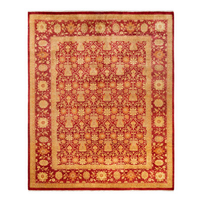 Tapis rouge / jaune noué à la main de conception unique Sofiah 8 pi 3 po x 10 pi 1 po
