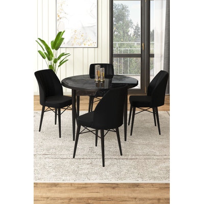 Modern 5-Piece Dining Table & Chairs Set, Black Marble Finish | 100% Melamine Coated Chipboard, Table: 35.4 x 29.5 x 35.4 in, Chairs: 17.7 x 36.6 x 16.5 in | Metal Frame, Jerry Fabric, Stylish & Durable for Contemporary Homes