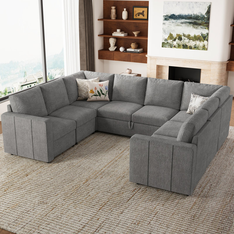 Grand canapé modulaire en U Seybert, Chenille gris pâle