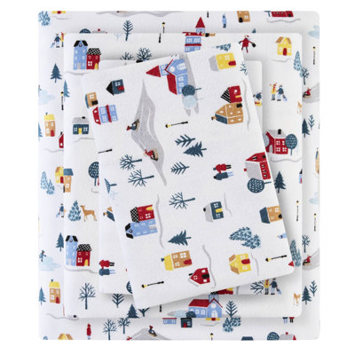Ensemble de draps 4 pièces à imprimé blanc avec flanelle 100% coton blanc doux et réconfortant, avec drap plat, 2 taies d'oreiller ajustées, impression lavable à la machine
