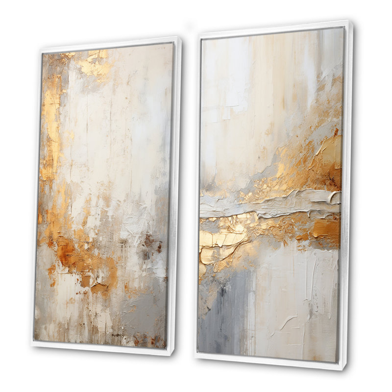 Fusion abstraite dorée et beige - ensemble de salon abstrait 2 pièces, Cadre flottant blanc, H 28 po x l 25 po