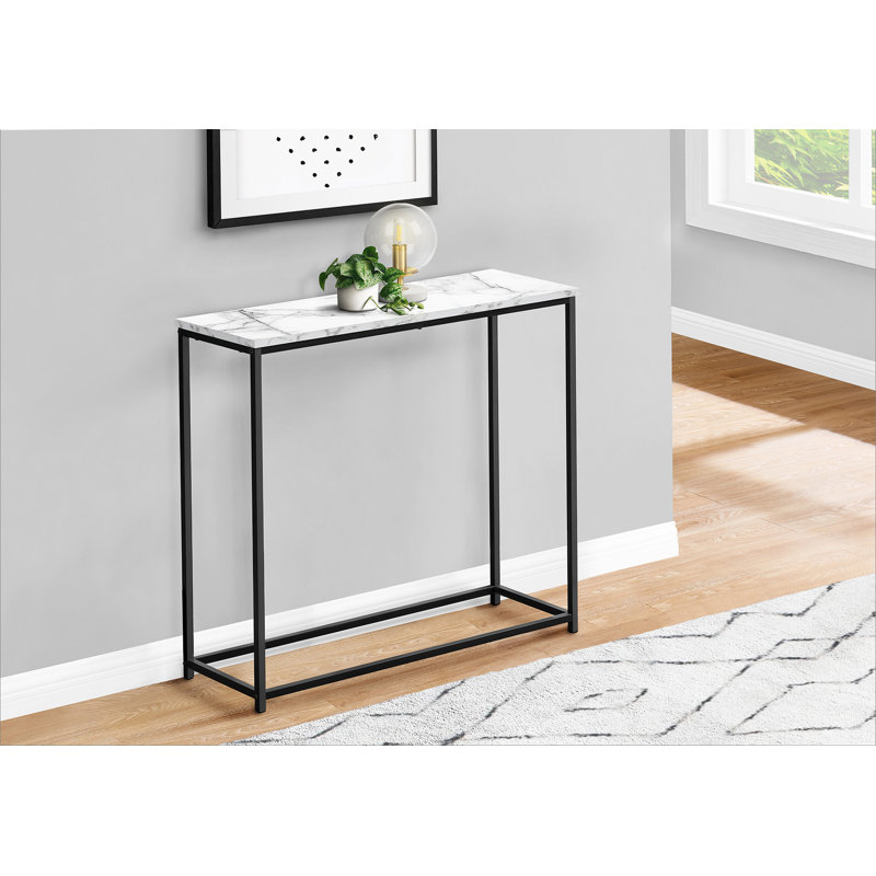 Accent Table, Console, Entryway, Narrow, Sofa, White Marble Look Laminate, Black Metal