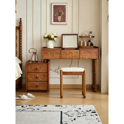 Vintage Wood Vanity Table Set With Flip Mirror
