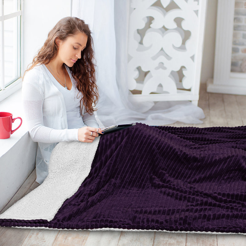 Purple Reversible Sherpa Fleece Throw Blanket