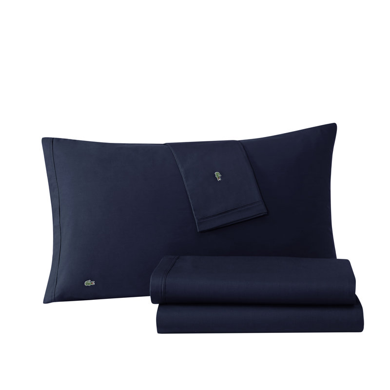 Lacoste Cotton Percale Sheet Set, Crisp Feel & Breathable Bedding, Deep Pocket Fitted Sheet, Navy, Twin XL, Navy