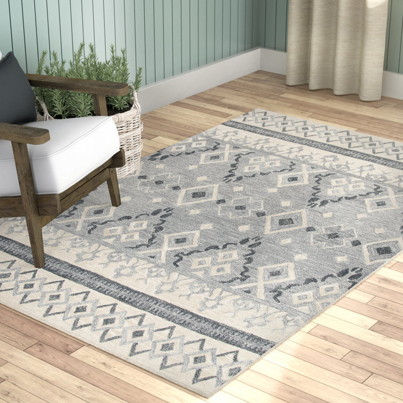 Tapis gris / ivoire en laine touffeté à la main Eliger, Rectangle 8 pi x 10 pi