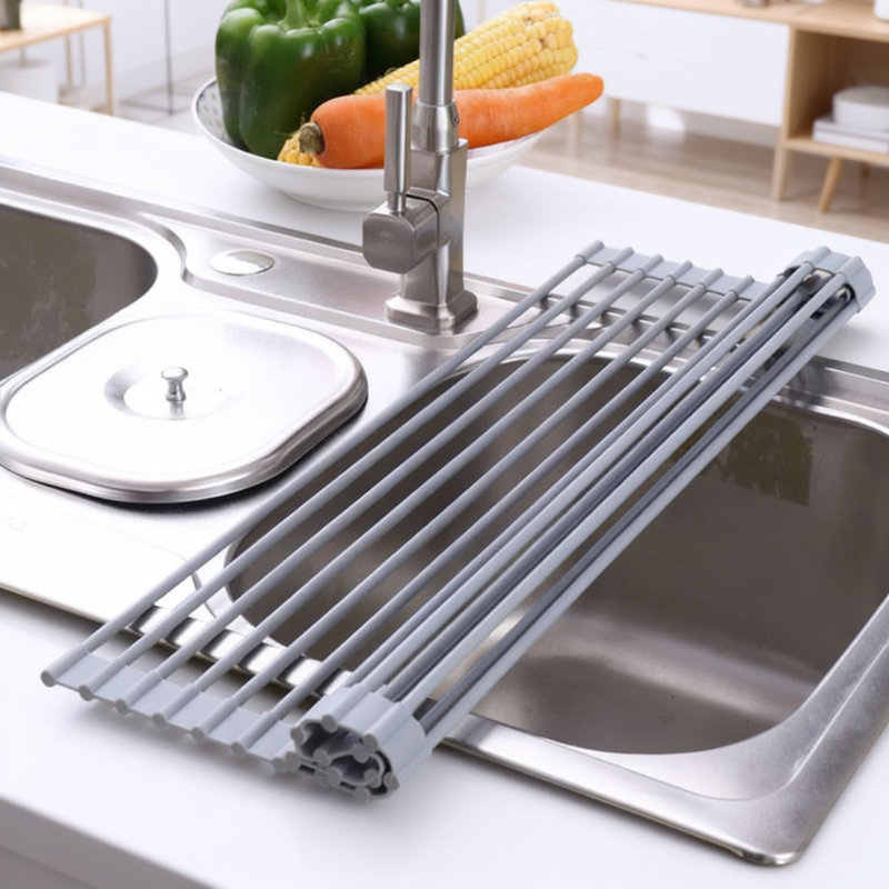 Égouttoir à vaisselle enroulable pour dessus de l'évier, égouttoir de cuisine pliable avec couvercle en silicone, égouttoir antidérapant résistant à la chaleur pour économiser de l'espace sur le comptoir