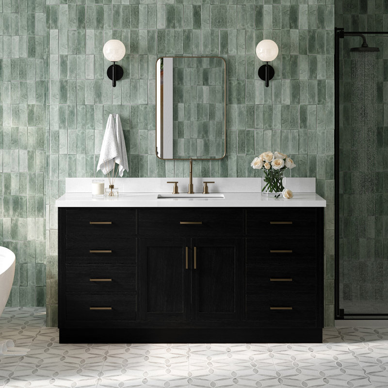 Thornaby 66'' Solid Wood Single Bathroom Vanity with 1.5'' White Quartz Top, Rectangular, Black Oak