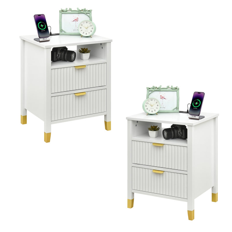 Drift Set Of 2 Nightstand With Charging Station, Bedside Table With Storage Drawers, Night Stand For Bedroom, End Table Or Side Table For Living Room, 15.5" D X 18.9" W X 24" H, White/Gold