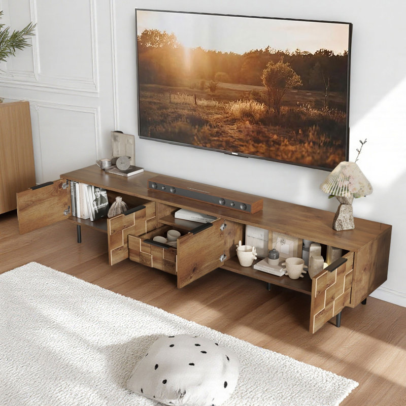 Meuble télé moderne en bois naturel pour téléviseur de 85 po ou moins, meuble télé avec tablette et tiroir
