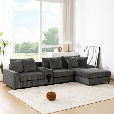 114*64'' Sectional Sofa With Bluetooth Speakers,L Shaped Couch With Console,USB Charger,Cup Holders,Storage,Ottoman