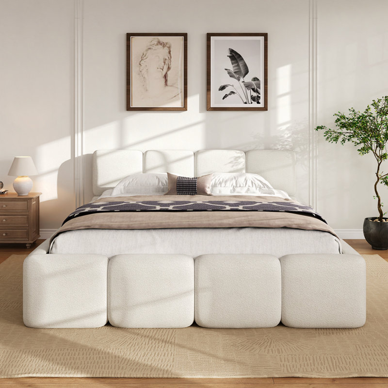 Lit plateforme tapissier avec tête et pied de lit moelleux, Grand, Boucle blanc