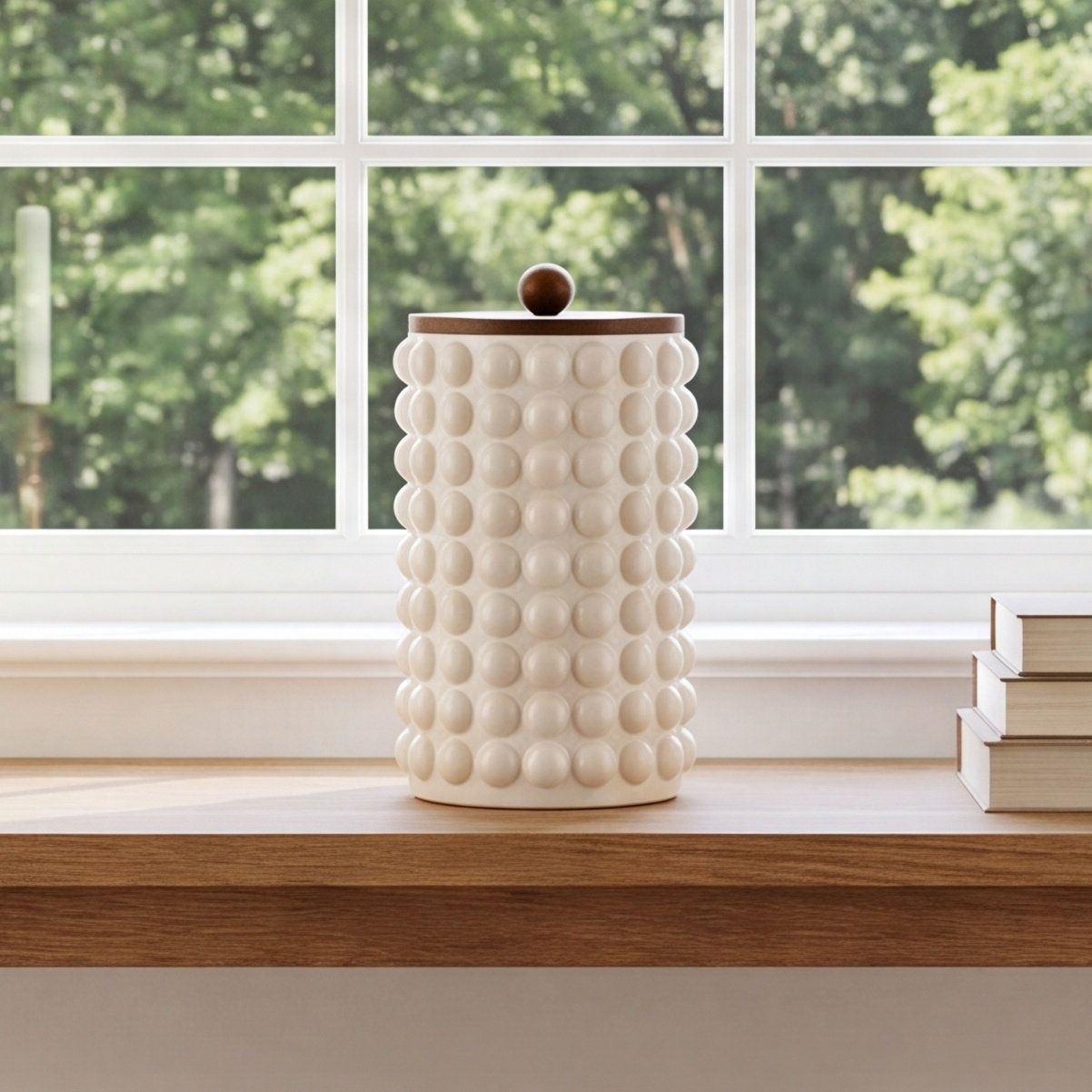 Stoneware Kitchen Canister, 8.25" H x 8.25" W x 8.25" D, Cream/Brown