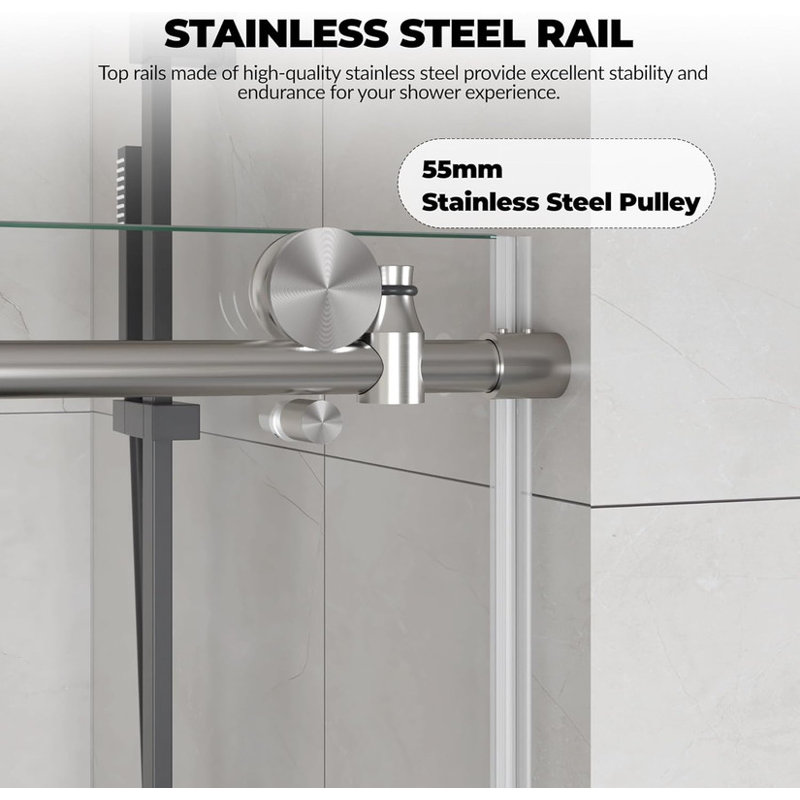 76" Sliding Shower Door 56-60" W, Brushed Stainless Steel Glass Door with Seal Strip & Handle, Satin Nickel