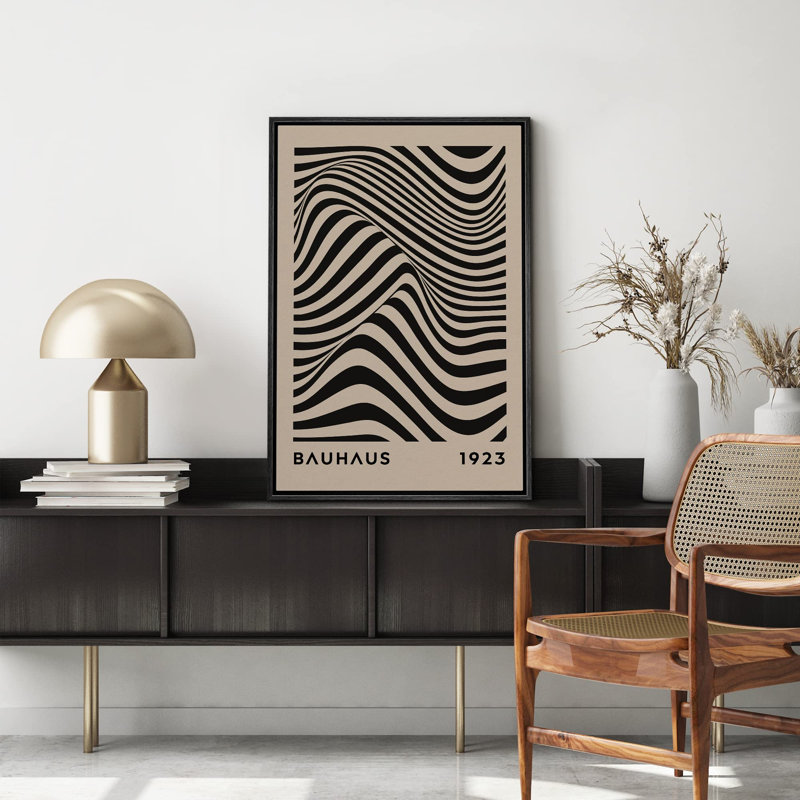 Classical Artwork " Mid-Century Bauhaus Black Stripe Illusion Shapes ", Noir, H 24 po x l 16 po