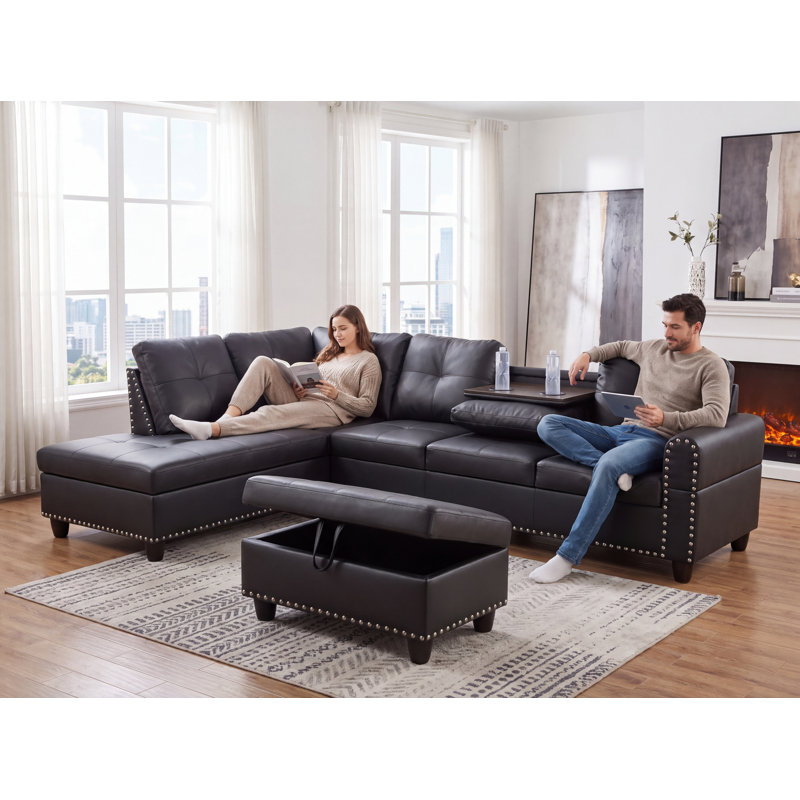 Canapé d'angle moderne à 6 places avec méridienne, pouf et 6 coussins | Sofa en L | Porte-gobelet | Simili cuir noir