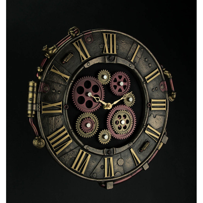 Horloge murale industrielle steampunk en résine polyuréthane coulée à froid, couleur bronze, avec engrenages mobiles, hauteur 37 cm (14,5 pouces).