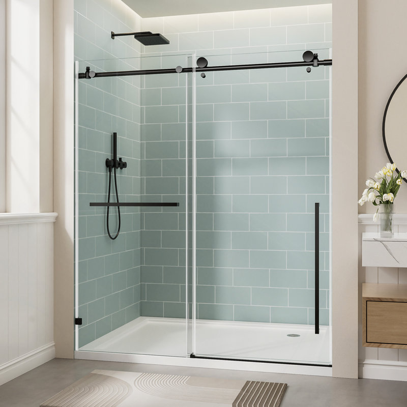 56"-60" W X 78" H Frameless Single Sliding Shower Door, Bathtub Door, 3/8" (10Mm) Clear Tempered Glass With Explosion-Proof Film, Stainless Steel Handle