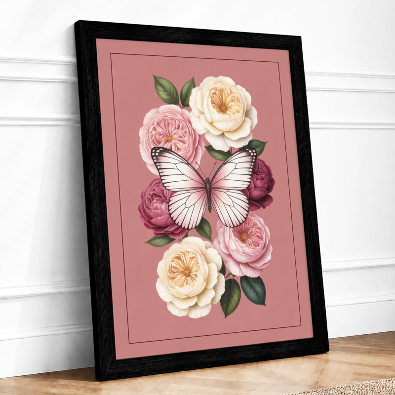 Roses And Butterfly Botanical - Print, Black, A3 - 42.0 x 29.7 cm