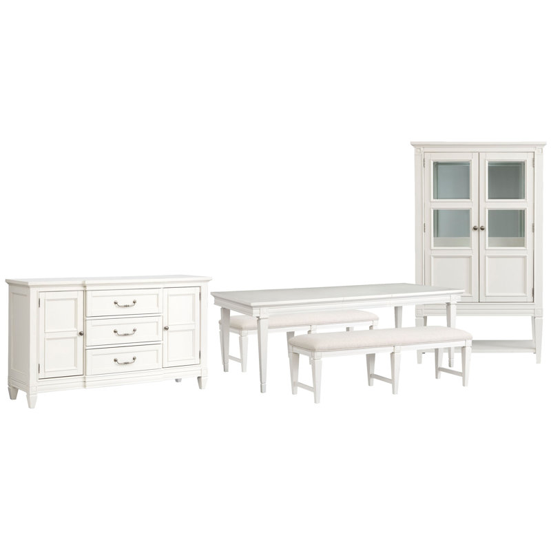 Gilvira Extendable Rectangular Dining Table With 2 Upholstere Benches Buffet And Display Cabinet
