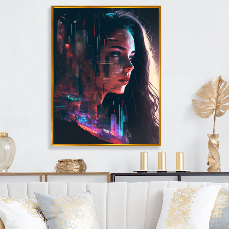 «Double Exposure Woman Portrait Sci-Fi I», impression sur toile, H 32 po x l 24 po x P 1 po, Toile avec cadre flottant or