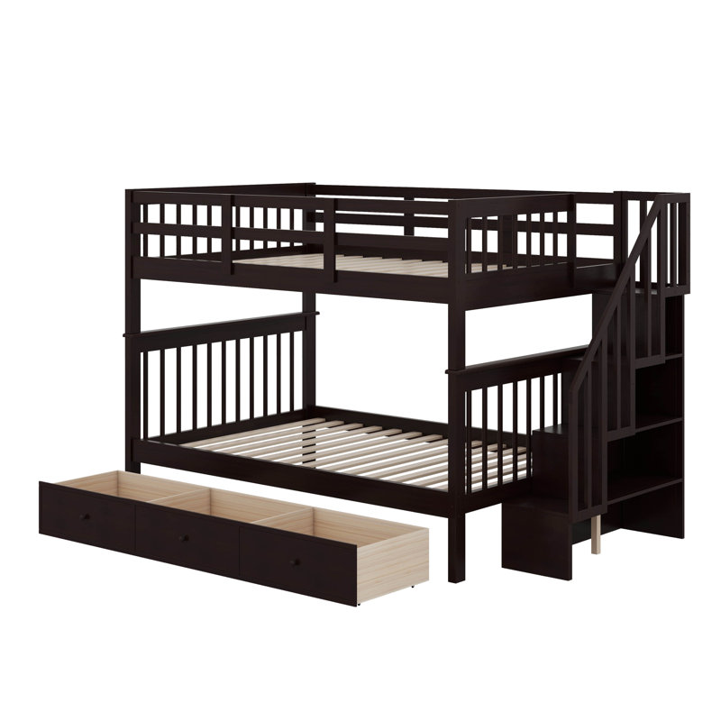 Lit superposé standard en bois 3 tiroirs, Espresso, Double sur double