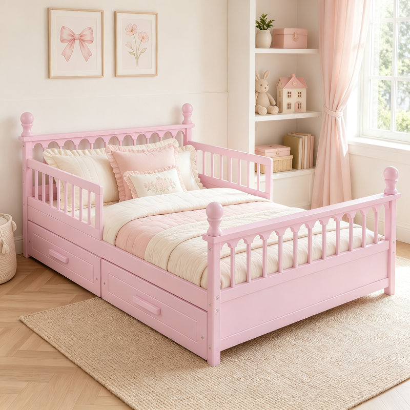 Structure de lit pour enfant pleine grandeur avec 2 tiroirs de rangement sous le lit, lit plateforme en bois avec garde-corps de sécurité, conception à profil bas, système de support à lattes robuste, aucun sommier nécessaire, rose