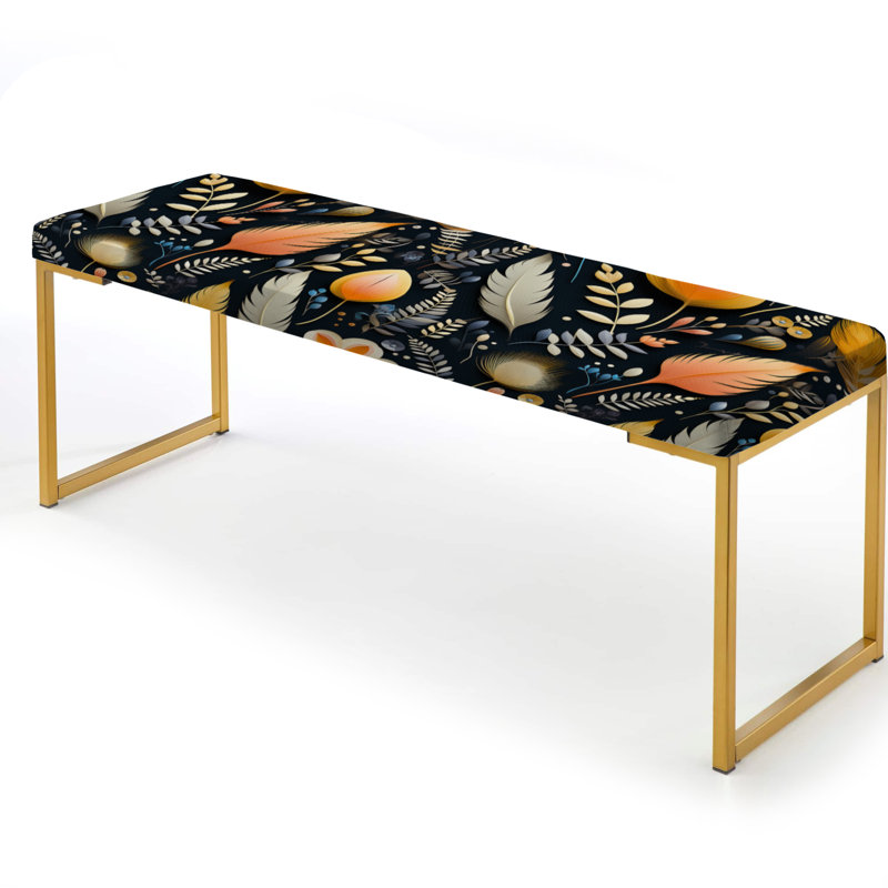 Boho Upholstered Gold Bench, Yellow And Gray Floral Feathered Playfulness