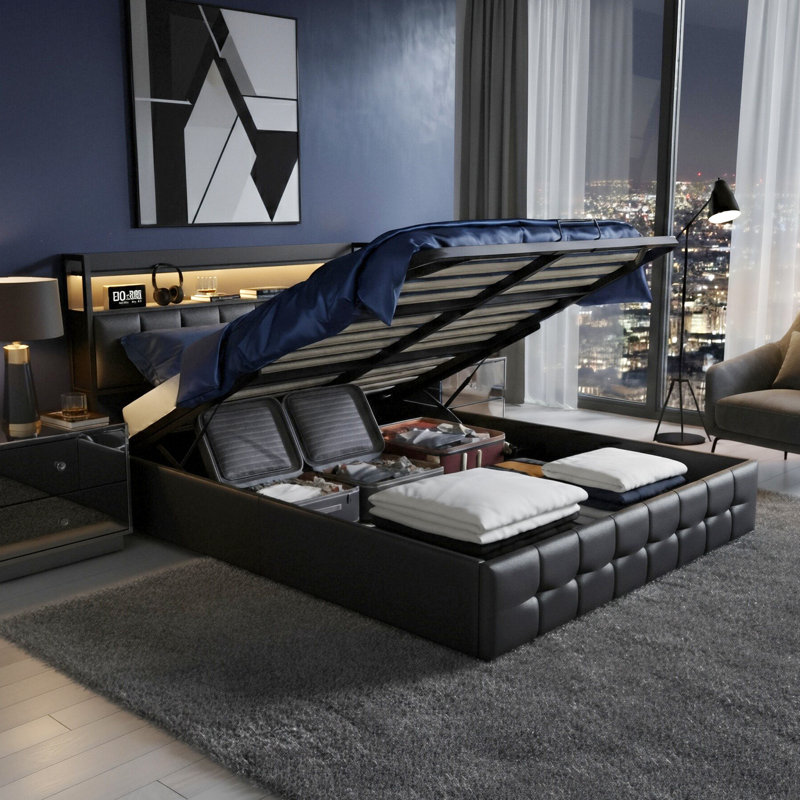 Ottoman Storage Bed With LED Headboard & USB-C Port, Industrial Frame, Black Faux Leather, European Double (140 x 200 cm)