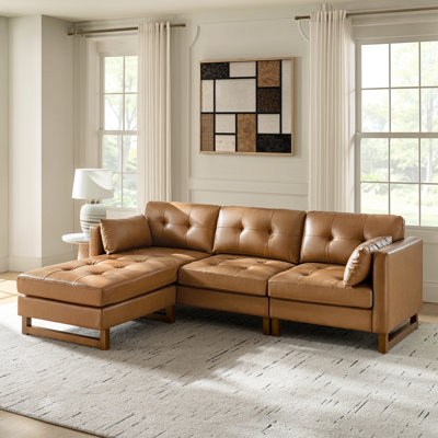 Amando 101"W Mid-Century L-Shape Genuine Leather Reversible Modular Sectional Sofa