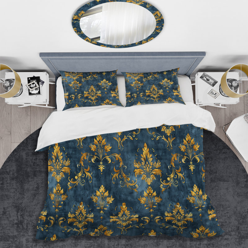 Blue Gold Timeless Damask Art II - Ensemble de housse de couette transitionnel