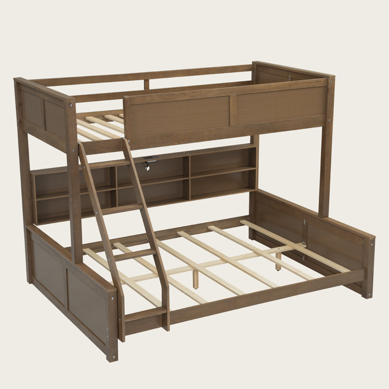 Twin XL over Queen Bunk Bed with Storage Cabinets, USB Ports, and Built-in Convenience, Brown