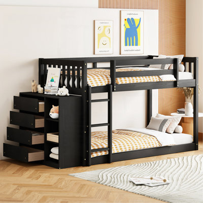 Lit superposé simple au dessus d'un lit simple avec 4 tiroirs et 3 tablettes - Espresso