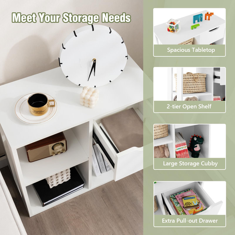 White Modern 3-Cube Bookcase with Drawer and Open Shelves