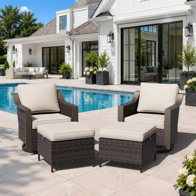 4-Piece Outdoor Wicker Patio Set, 2 Swivel Rocking Chairs & 2 Multi-Purpose Ottomans with Cushions