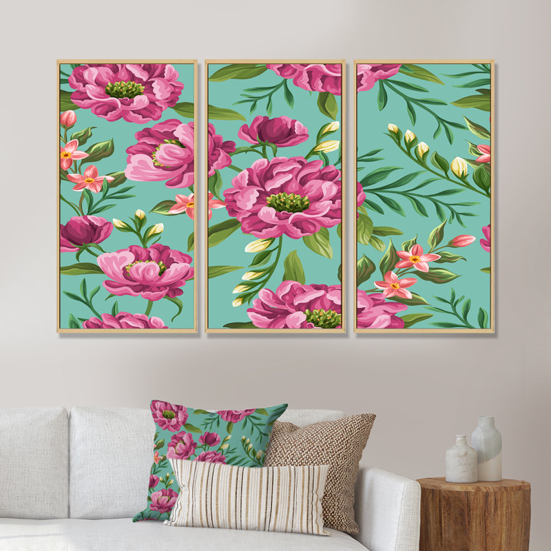 Fuchia fleurs sur fond vert vintage - ensemble d'art mural sur toile traditionnel encadré de 3, H 20 po x l 36 po, Brun