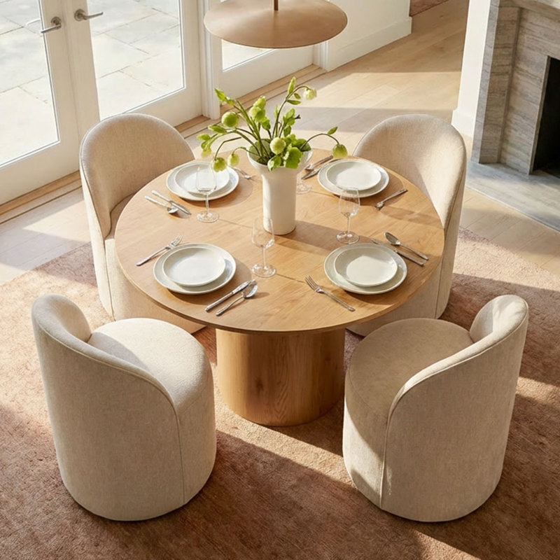 4 - Person Dining Table Sets With Round Table & 4 Upholstered Fabric Chairs, Natural, Soft Tan