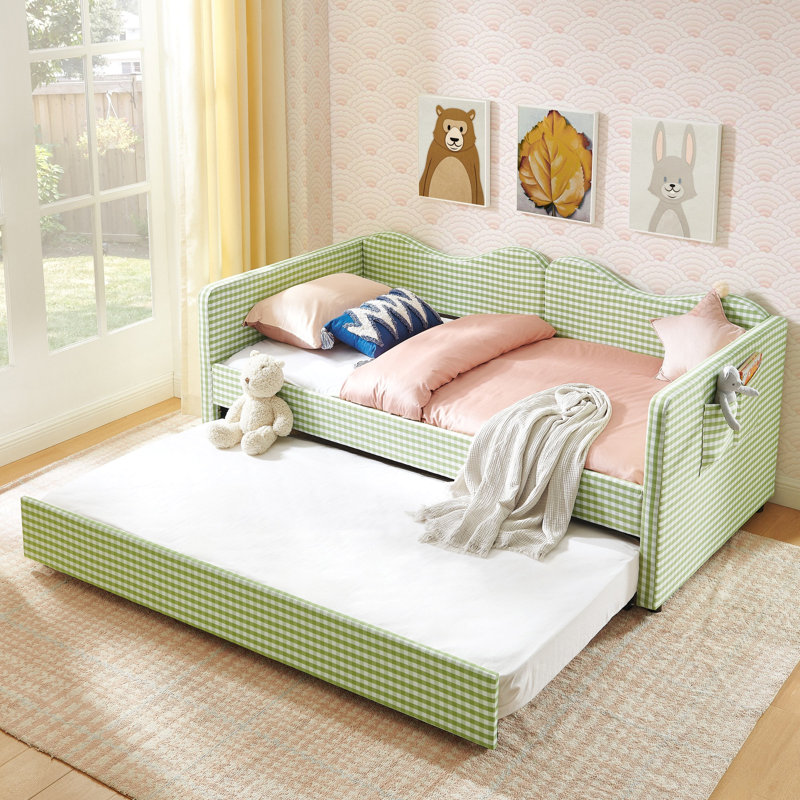 Lit de jour simple, lit de jour rembourré en vichy équipé d'un cadre gigogne escamotable et d'une poche de rangement latérale, canapé-lit multifonctionnel en bois massif pour chambre d'enfant et chambre d'amis - vert