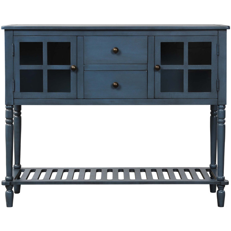 Console de buffet avec tablette inférieure, armoire de rangement en bois / verre de style campagnard TREXM , Marine antique
