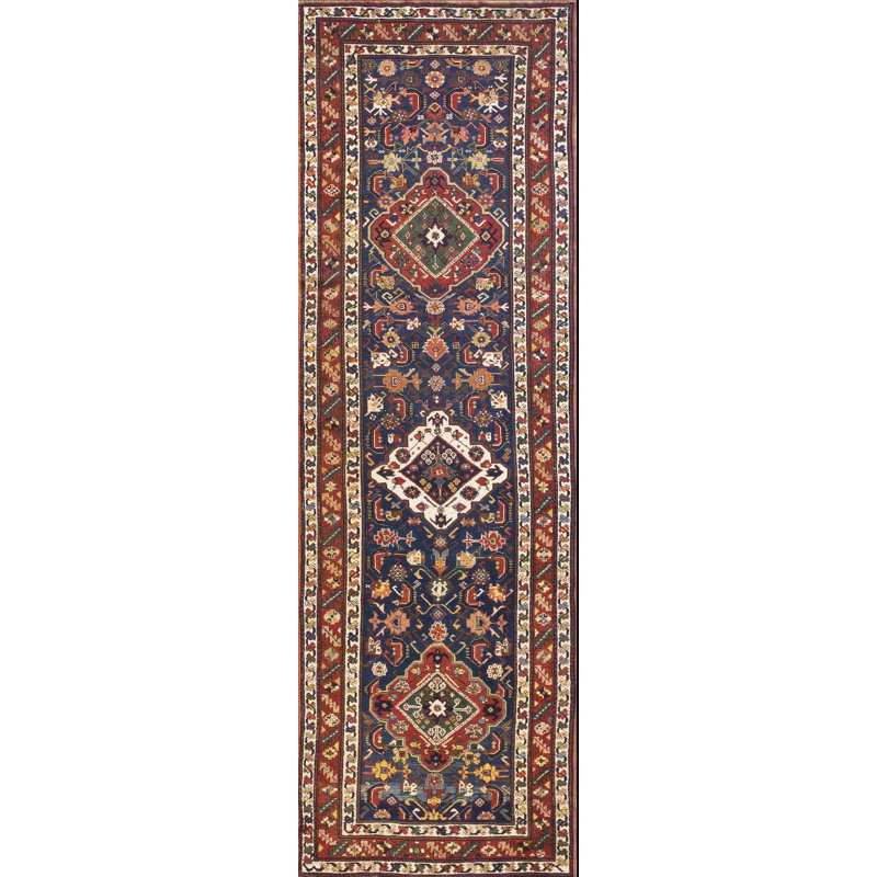 Antique Blue Tribal Caucasian Shirvan Hallway Runner Knotted Rug