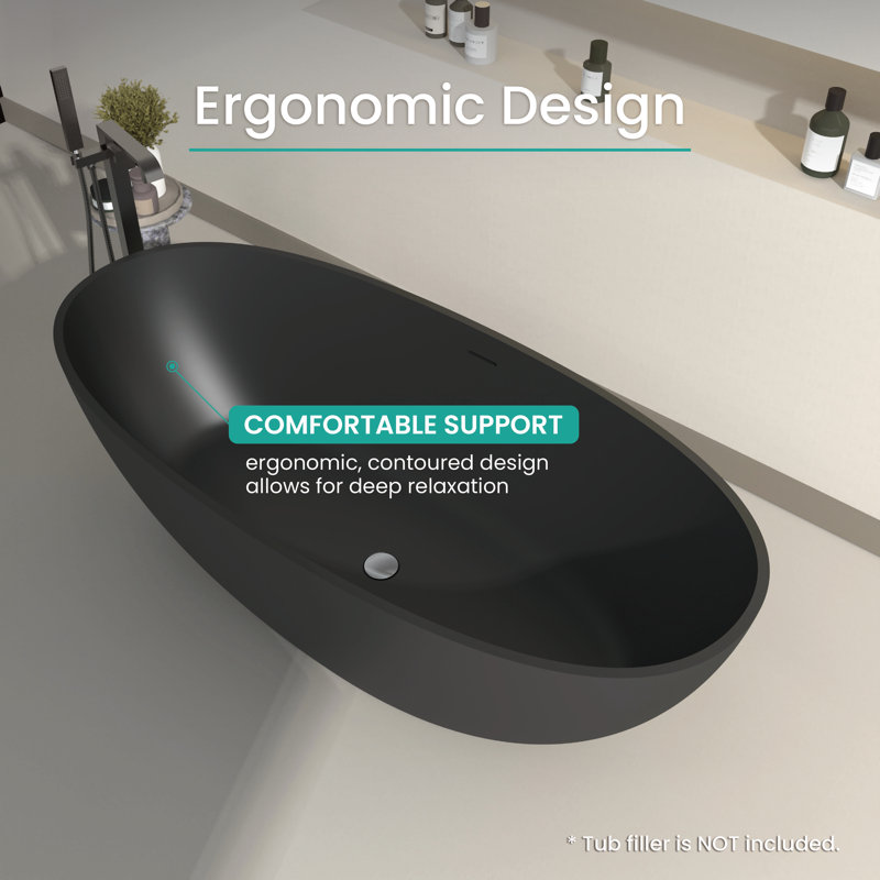 Matte Black 65'' Solid Surface Freestanding Soaking Bathtub
