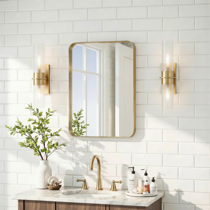 Lunara 1.18" Deep Rounded Corner Rectangular Bathroom Wall Mirror with Premium Tempered Glass & Aluminum Alloy Framed, Gold